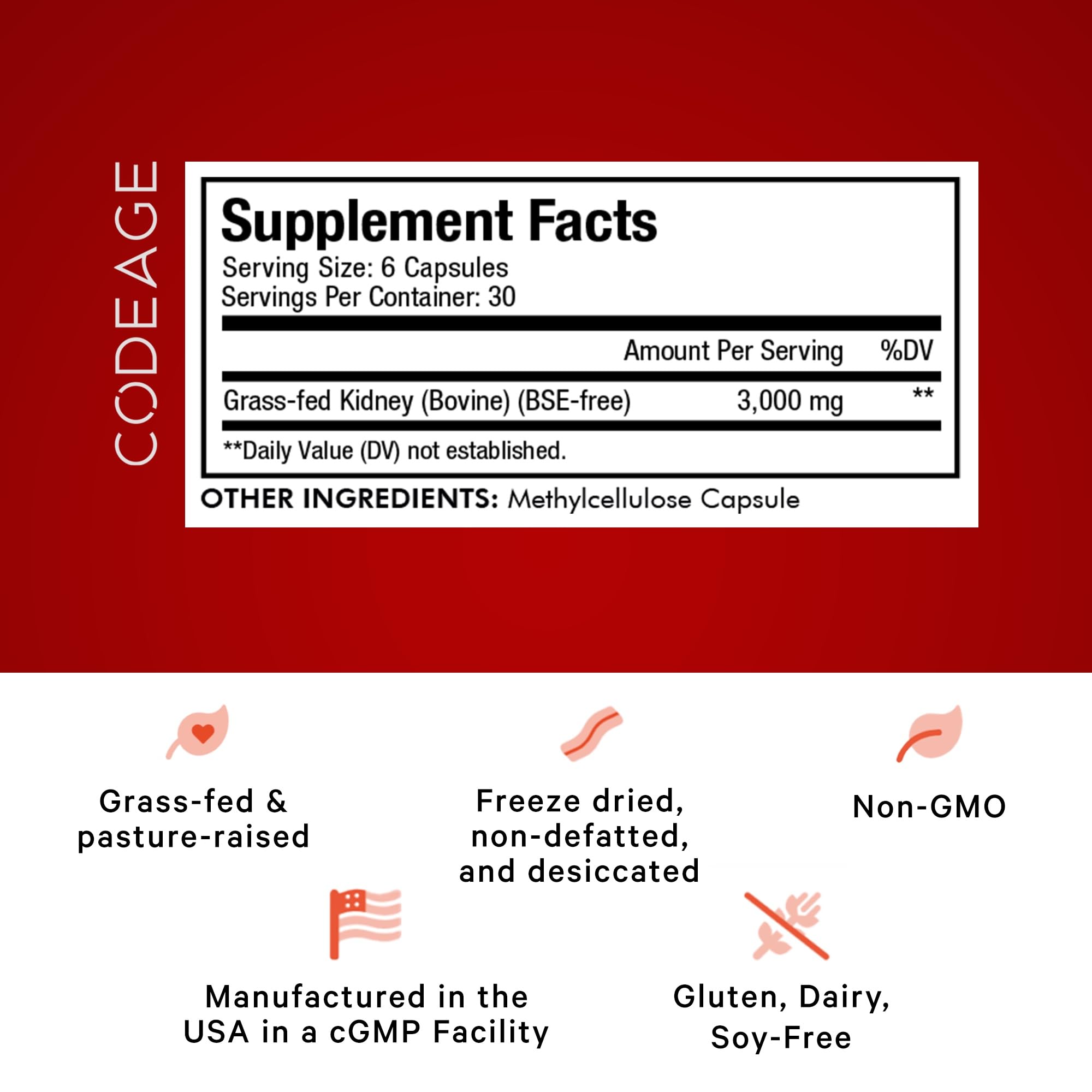 Codeage label close-up highlights non-GMO, hormone-free beef kidney formula