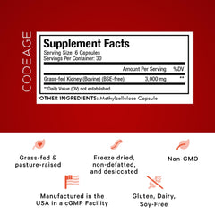 Codeage label close-up highlights non-GMO, hormone-free beef kidney formula