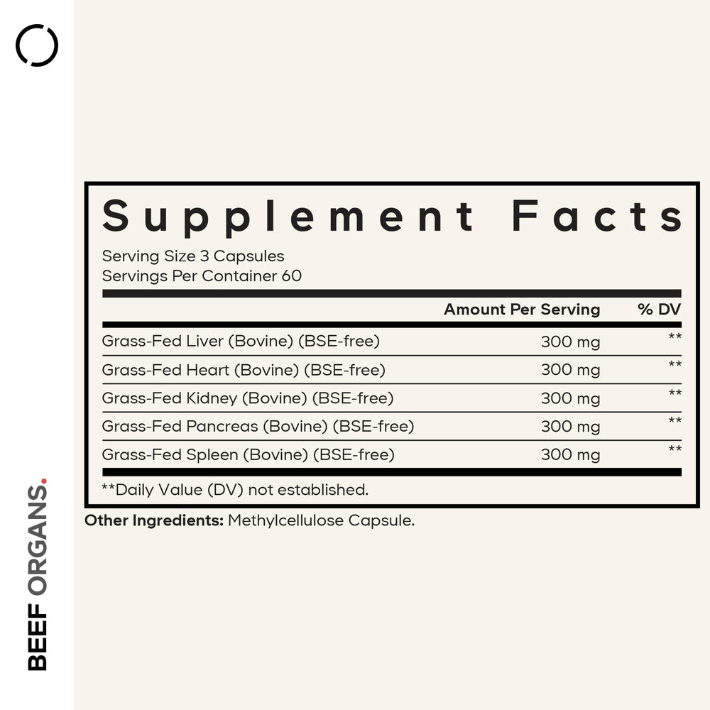 Codeage Grass-Fed Beef Organs Heart capsules with nutrient-dense profile.