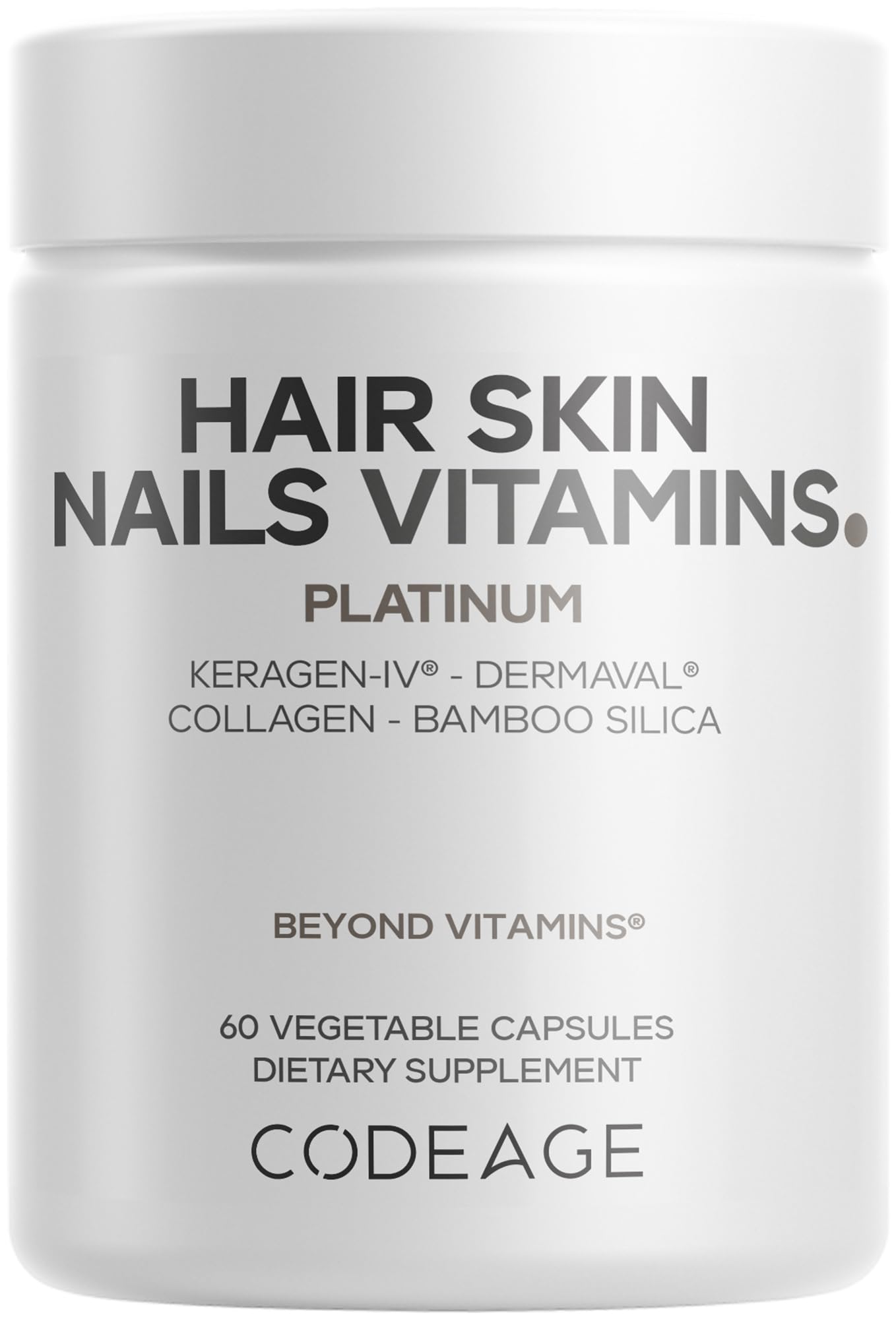 Codeage Hair Skin Nails Platinum bottle ready for daily beauty support