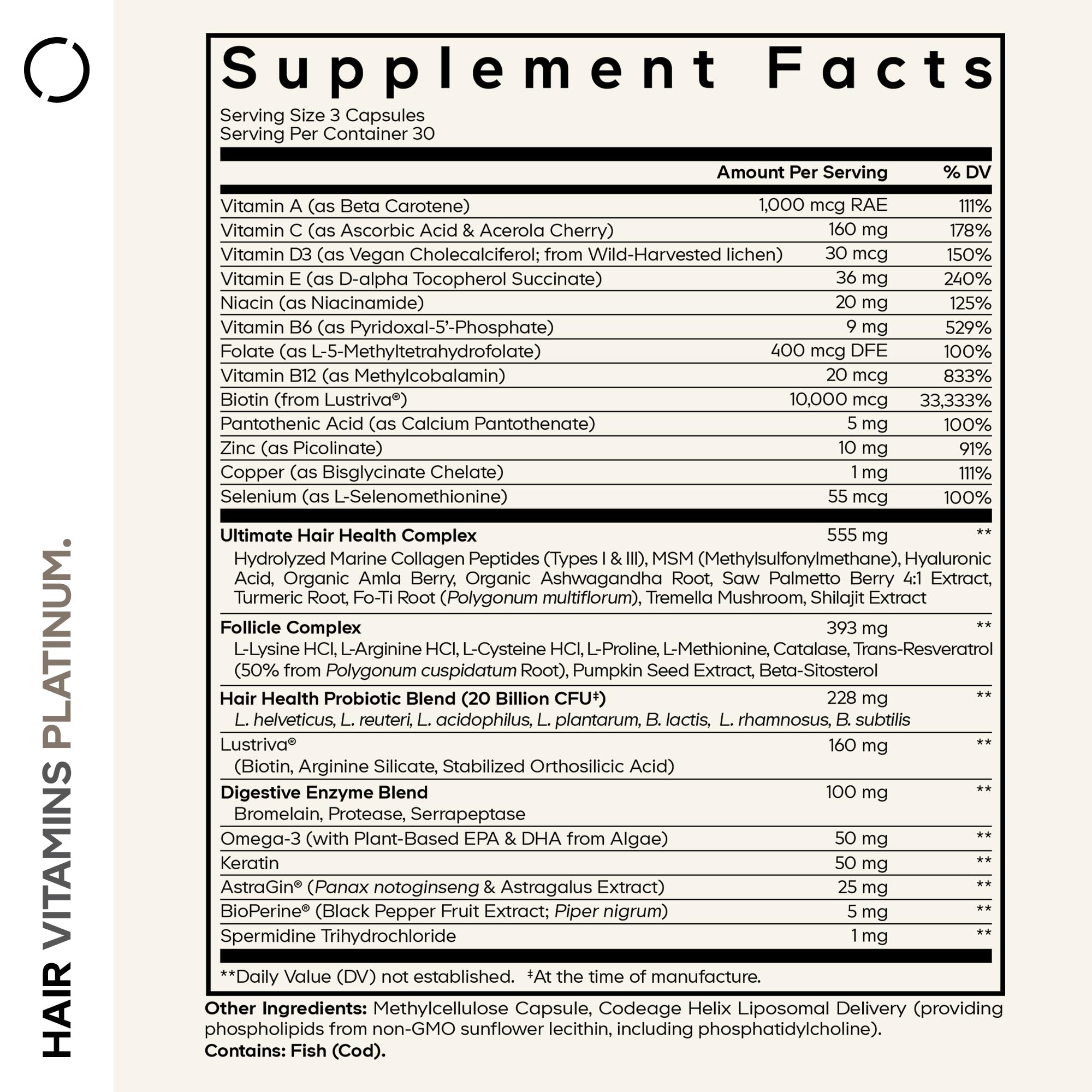 Codeage Hair Vitamins Platinum capsules close-up highlighting biotin and spermidine