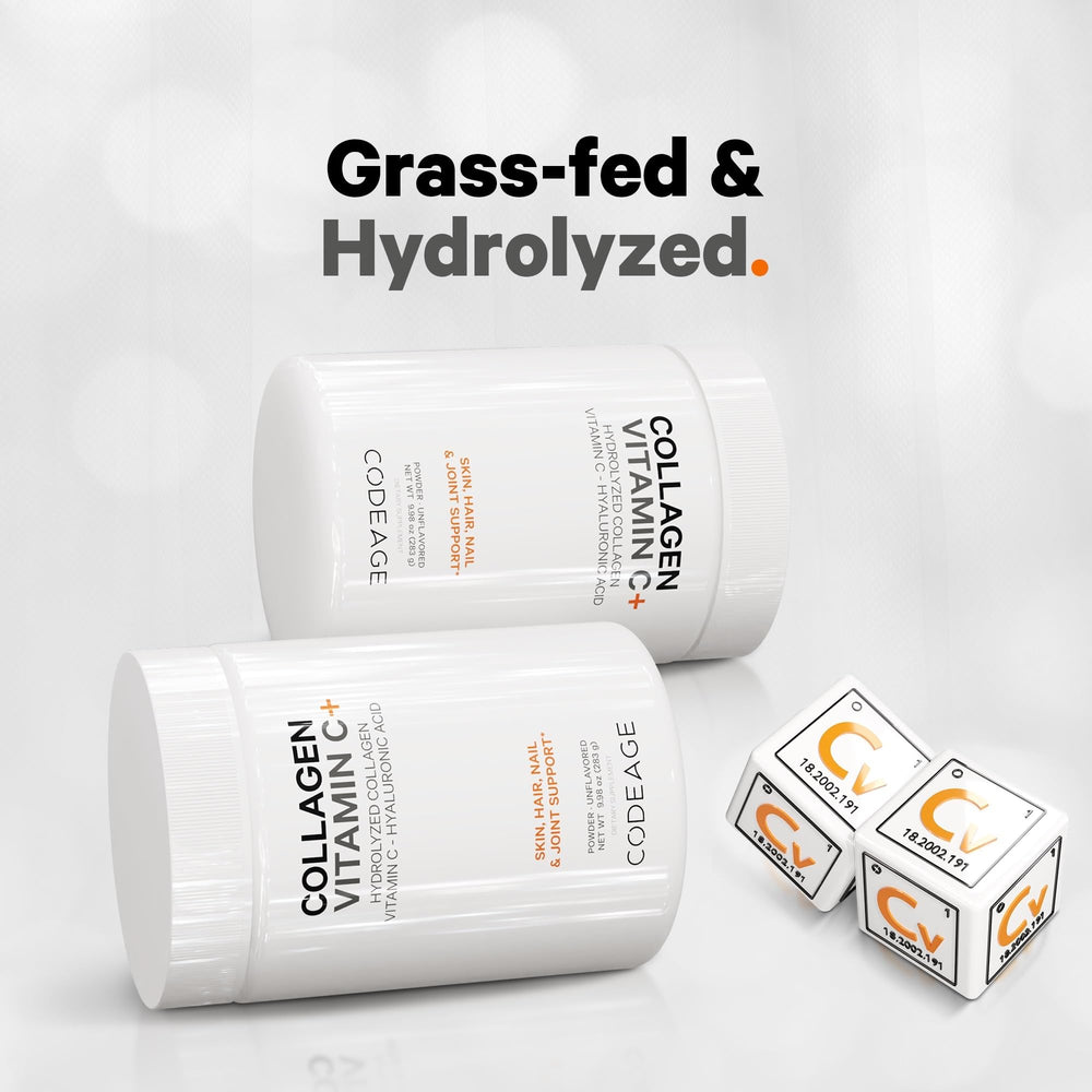 Codeage hyaluronic acid visual; pairs with collagen for moisture and texture.