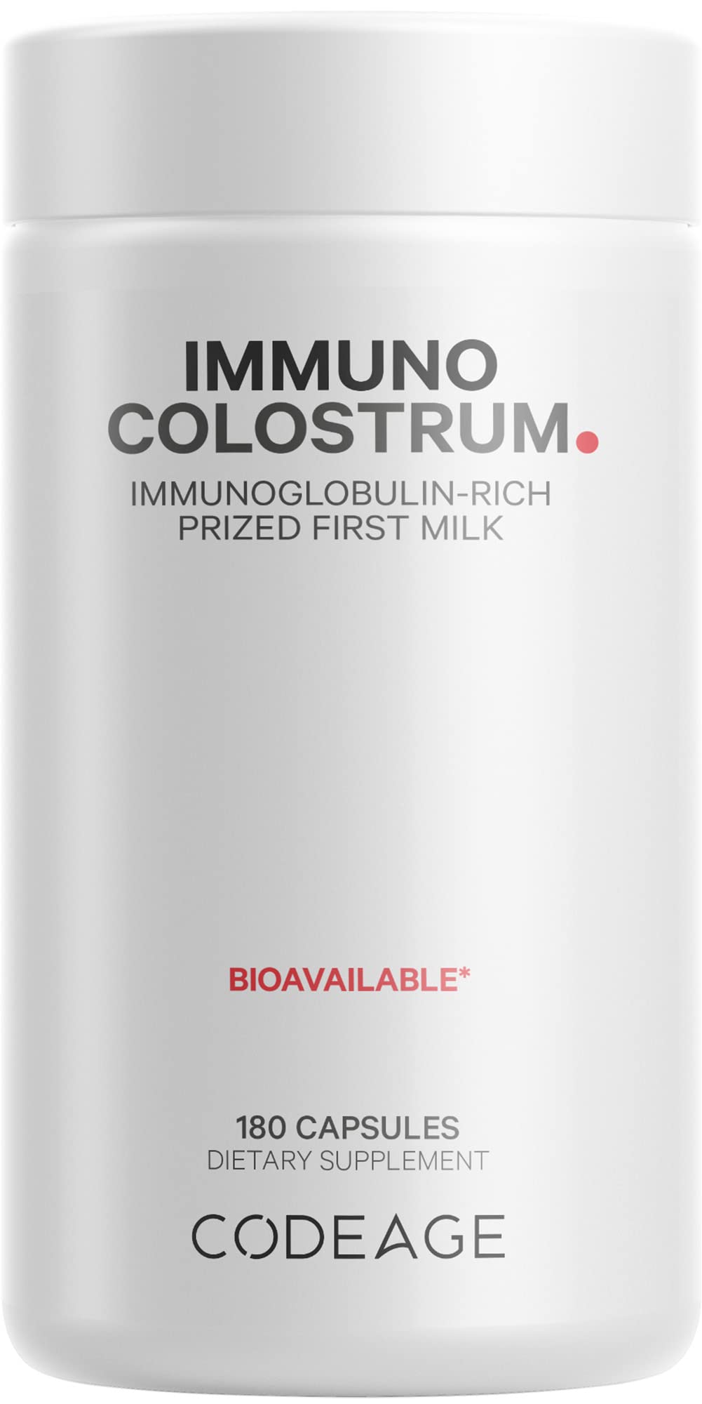 Codeage Immuno Colostrum capsules bottle on shelf for daily supplement routine.
