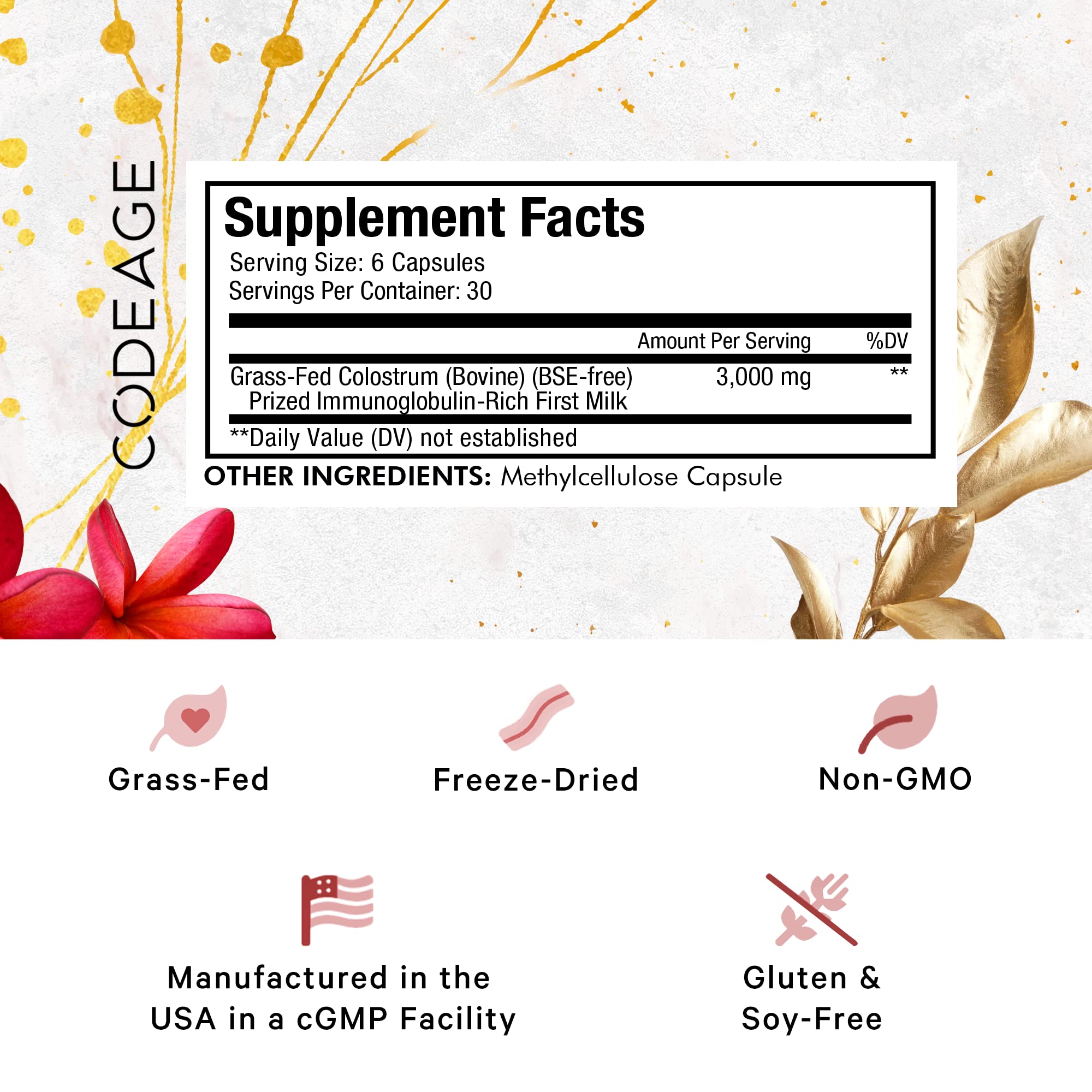 Codeage Immuno Colostrum capsules close-up, highlighting 3,000 mg per serving.