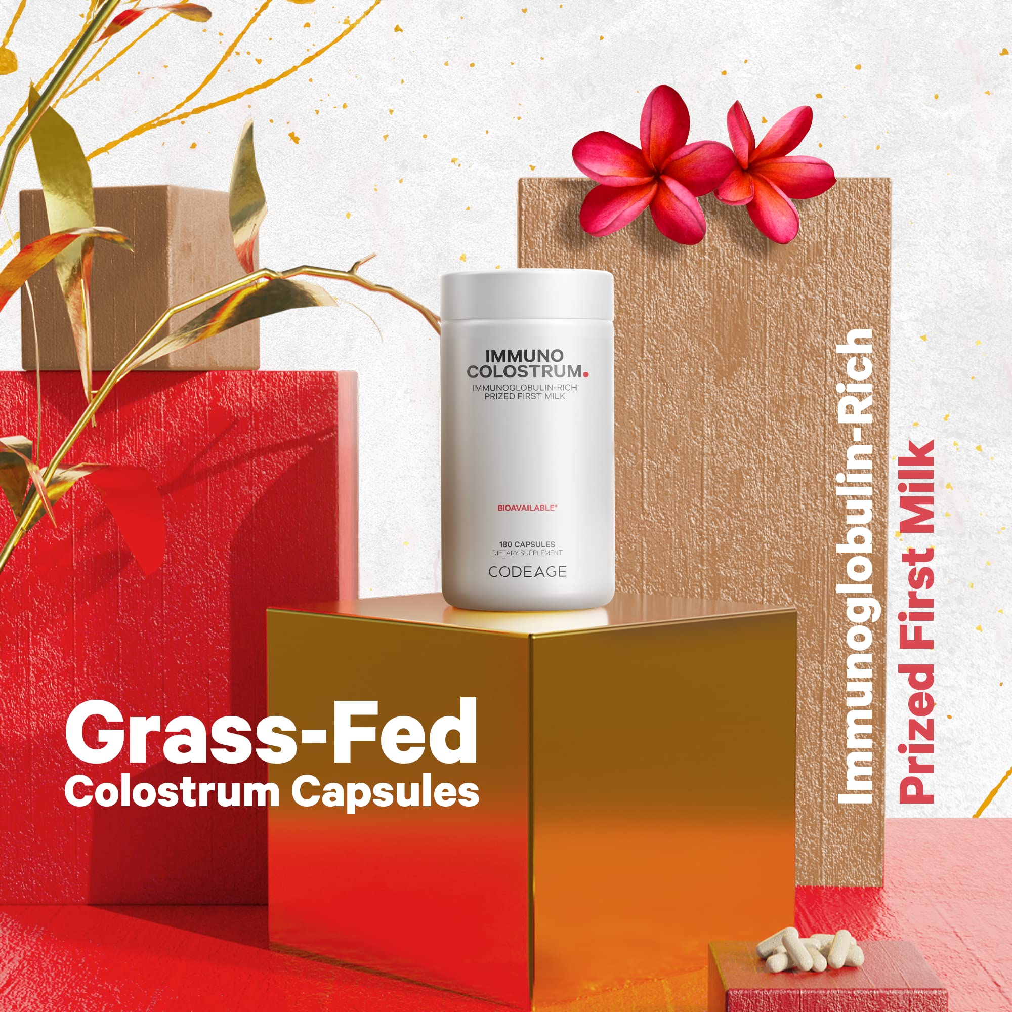 Codeage Immuno Colostrum bottle with label showing grass-fed origin.