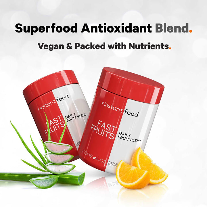 Codeage Instantfood Fast Fruits bottle beside a glass of water for daily use