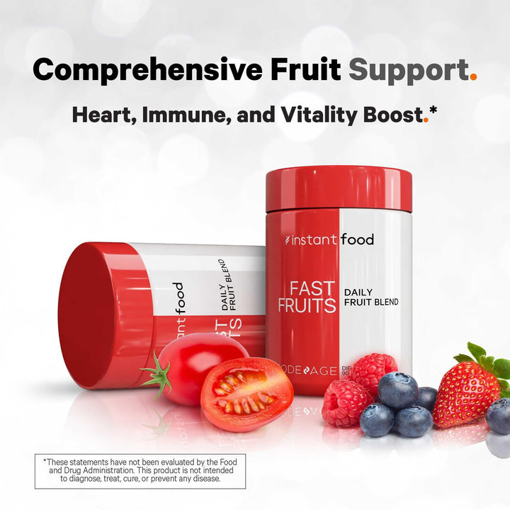 Codeage Instantfood Fast Fruits on a breakfast table with fresh fruit and greens