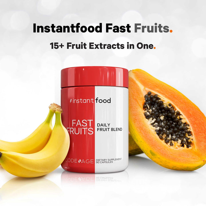 Codeage Instantfood Fast Fruits capsules poured into a glass for daily routine