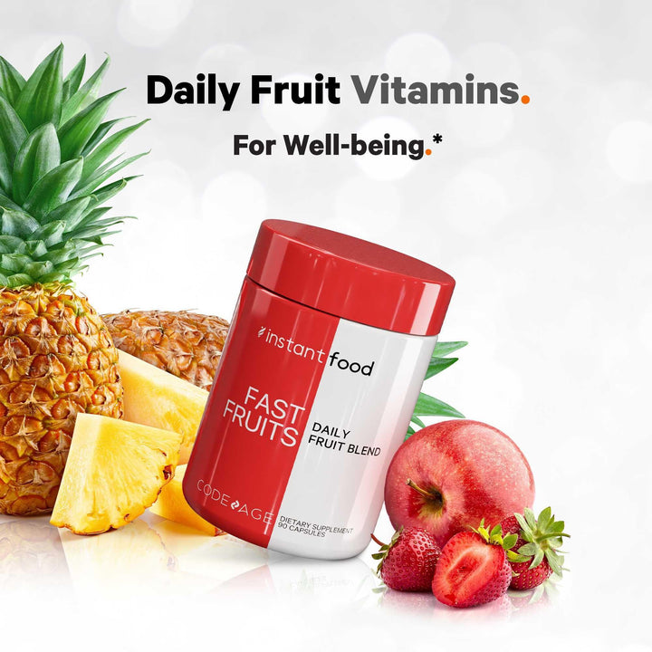 Codeage Instantfood Fast Fruits label highlighting non-GMO and vegan ingredients