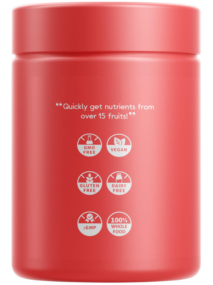 Codeage Instantfood Fast Fruits packaging beside an assortment of fruits