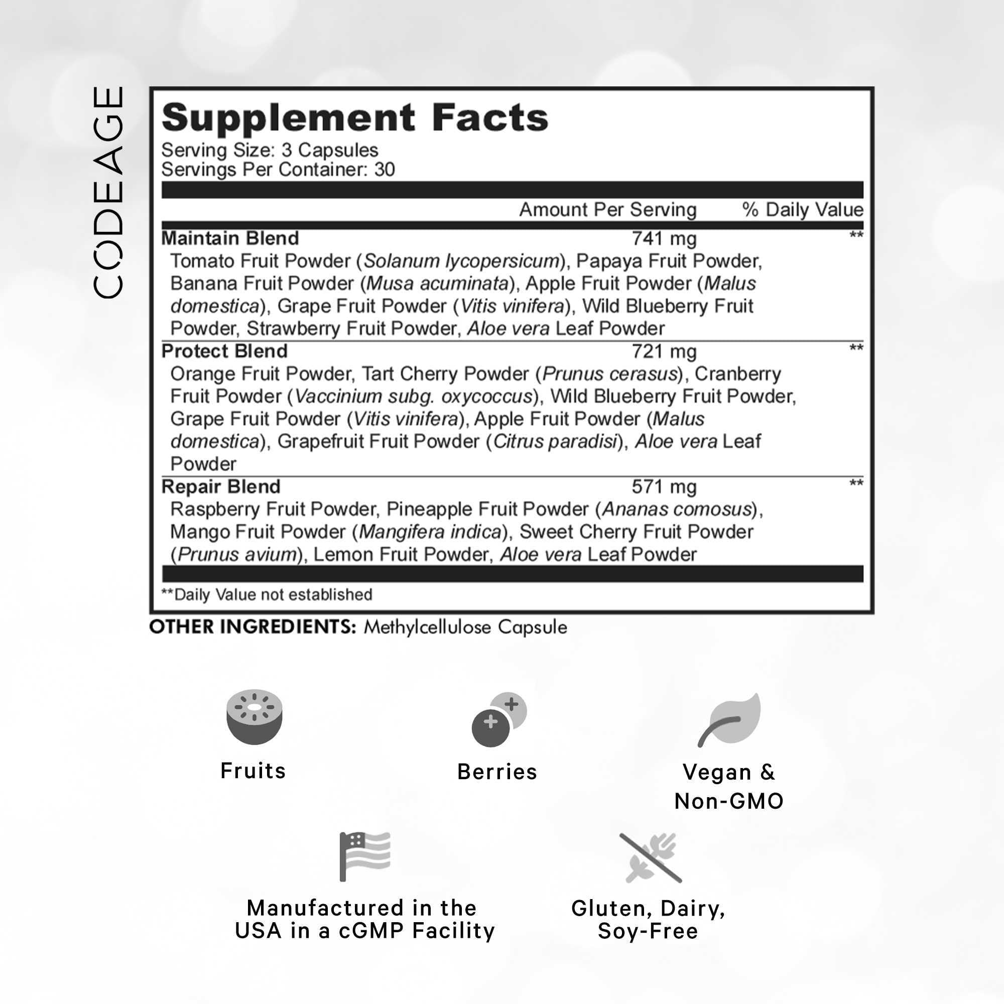 Codeage Instantfood Fast Fruits powder blend close-up showing real fruit powders for natural nutrients