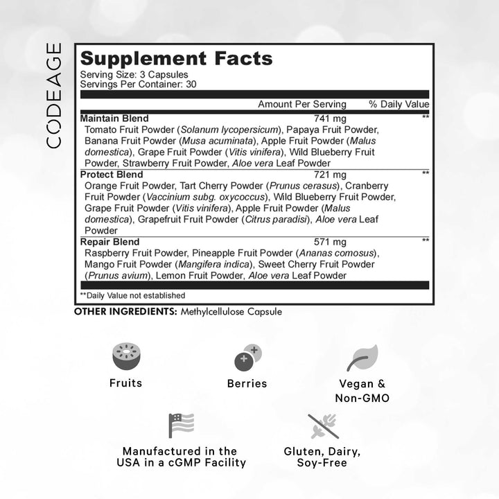 Codeage Instantfood Fast Fruits powder blend close-up showing real fruit powders for natural nutrients