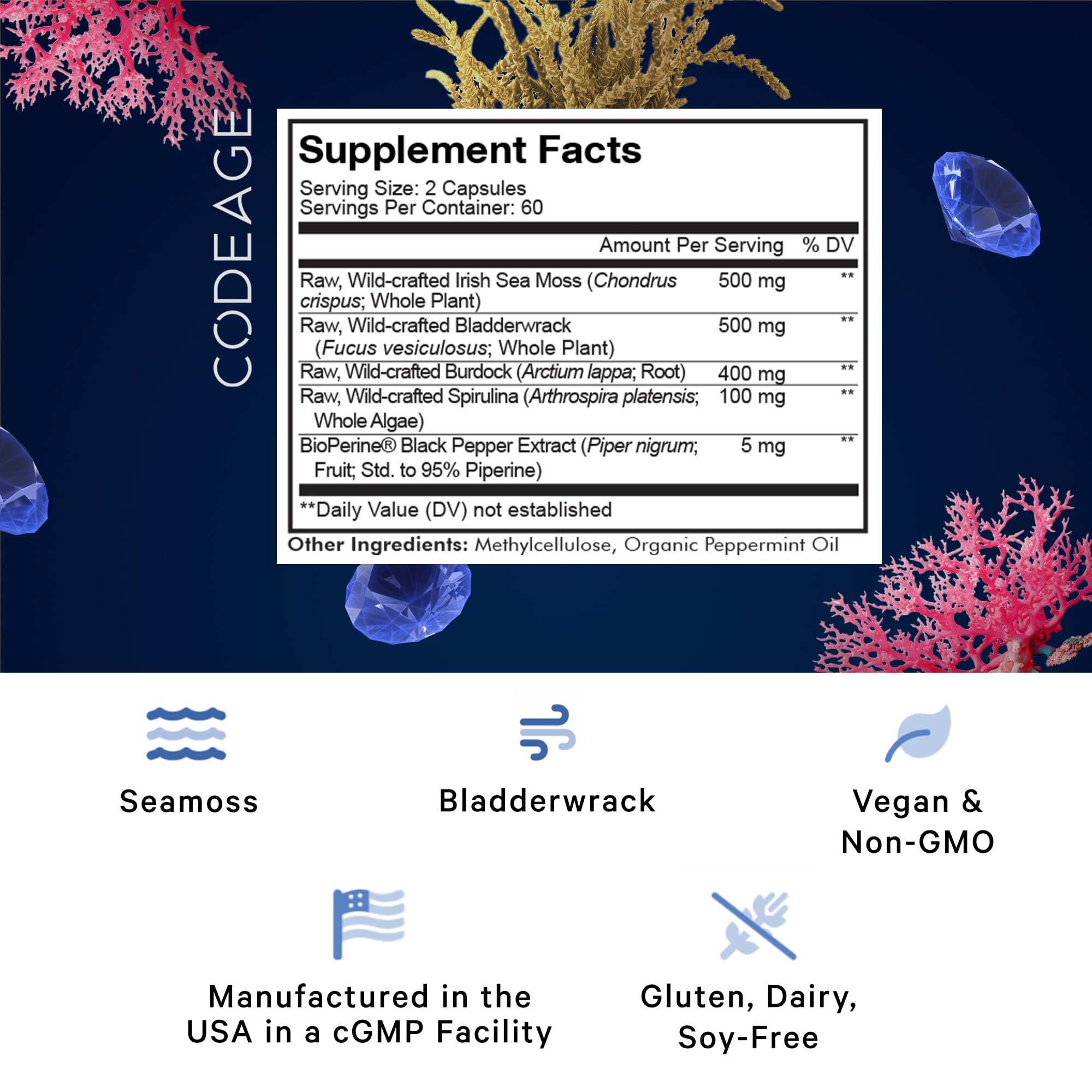 Codeage Irish sea moss capsules with spirulina and bladderwrack label
