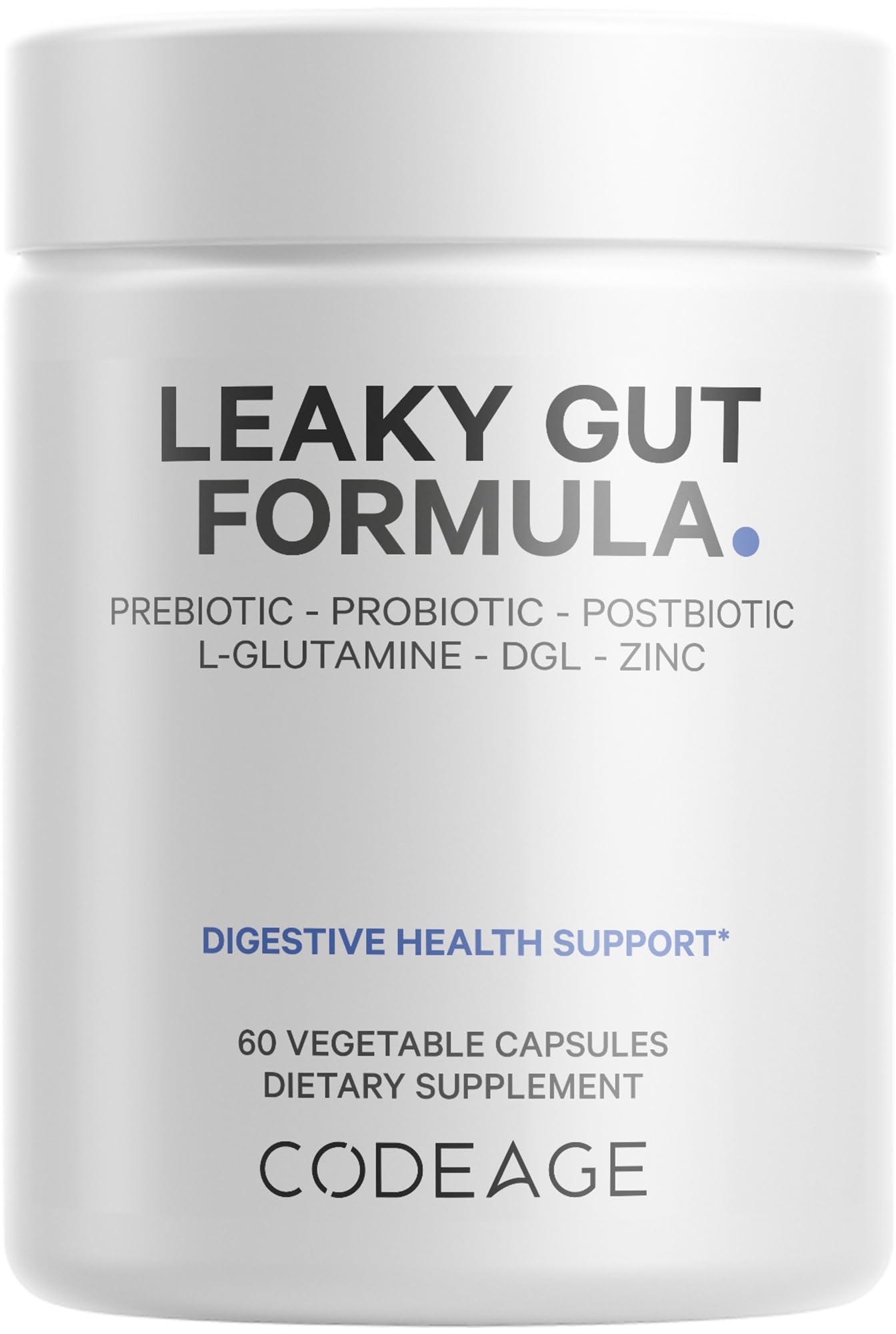 Codeage Leaky Gut bottle close-up for easy daily capsule routine and gut support.