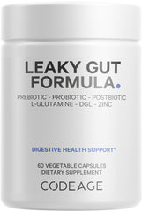 Codeage Leaky Gut bottle close-up for easy daily capsule routine and gut support.