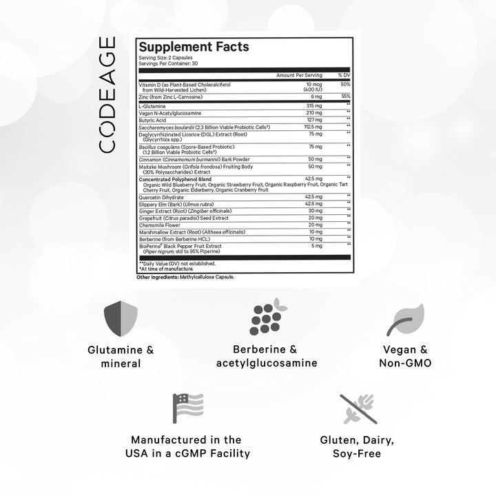 Codeage Leaky Gut L-Glutamine ingredient highlight for healthy intestinal lining.