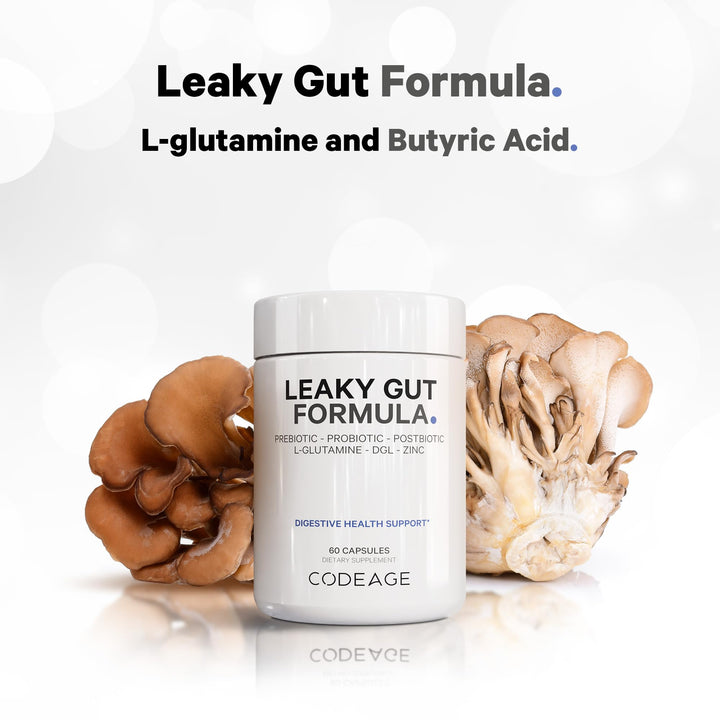 Codeage Leaky Gut probiotic blend emphasizing digestive balance and microbial diversity.