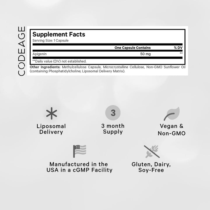 Codeage Liposomal Apigenin capsule closeup showing 50 mg chamomile-derived apigenin.