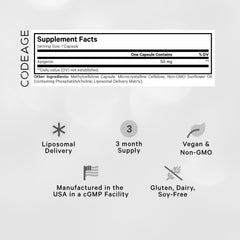 Codeage Liposomal Apigenin capsule closeup showing 50 mg chamomile-derived apigenin.