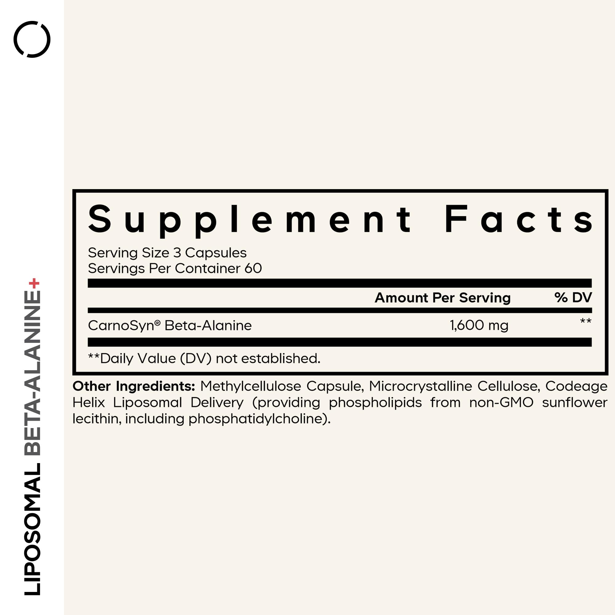 Codeage liposomal beta-alanine bottle label close-up with CarnoSyn beta-alanine.