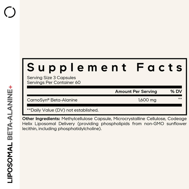 Codeage liposomal beta-alanine bottle label close-up with CarnoSyn beta-alanine.