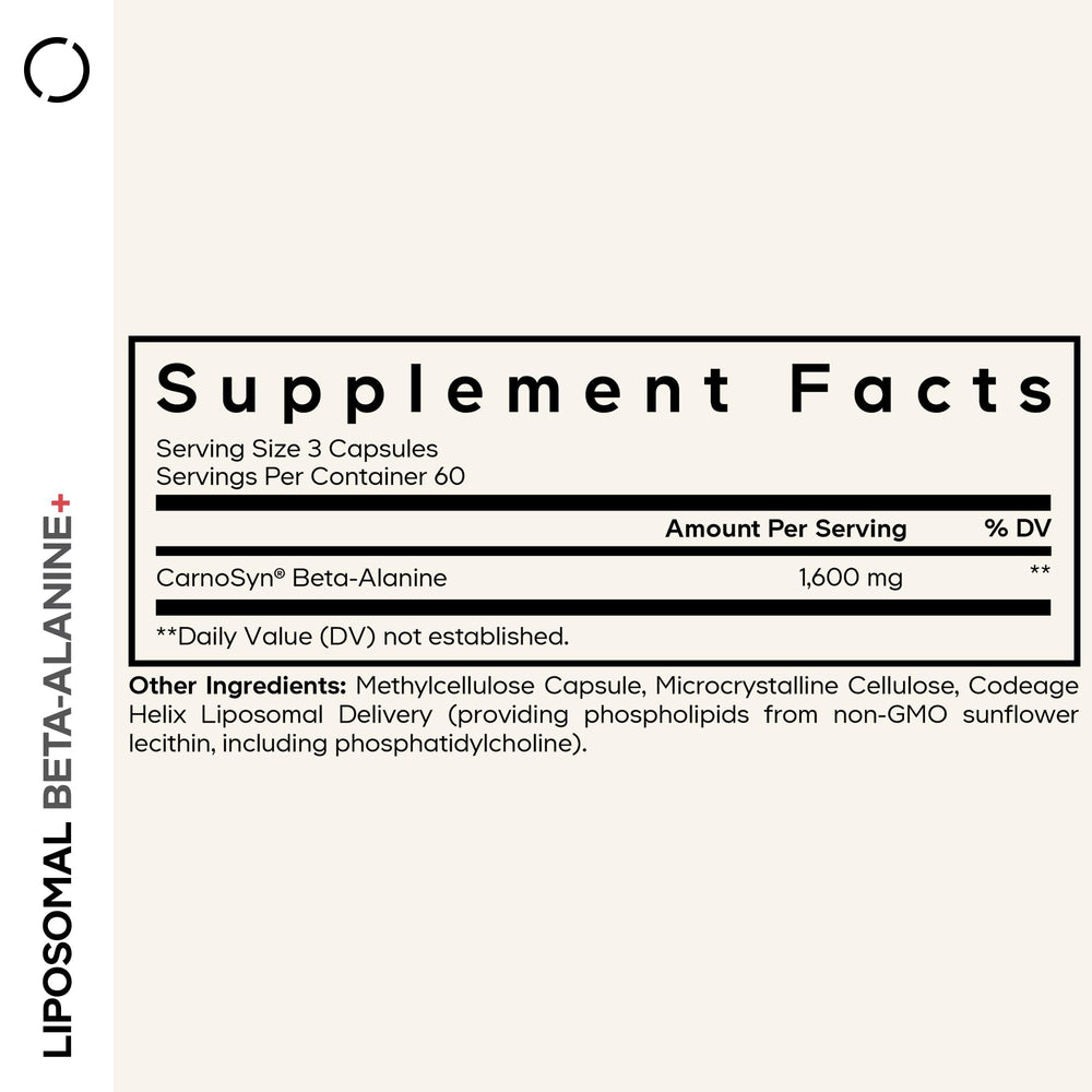 Codeage liposomal beta-alanine bottle label close-up with CarnoSyn beta-alanine.