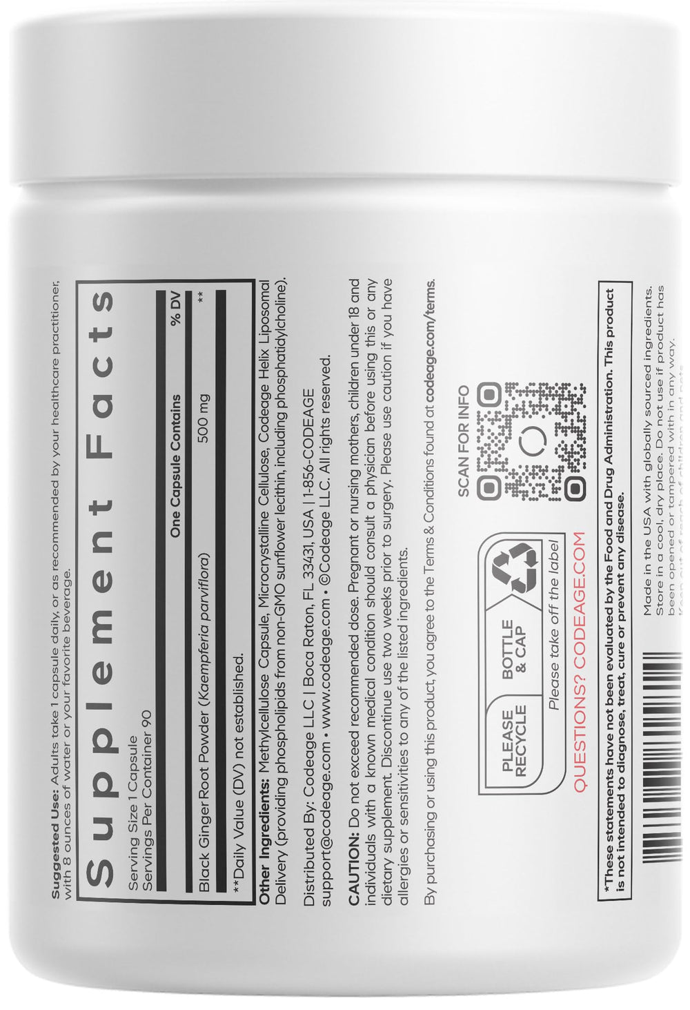 Codeage Liposomal Black Ginger capsule close-up indicating high-potency 500 mg per serving.