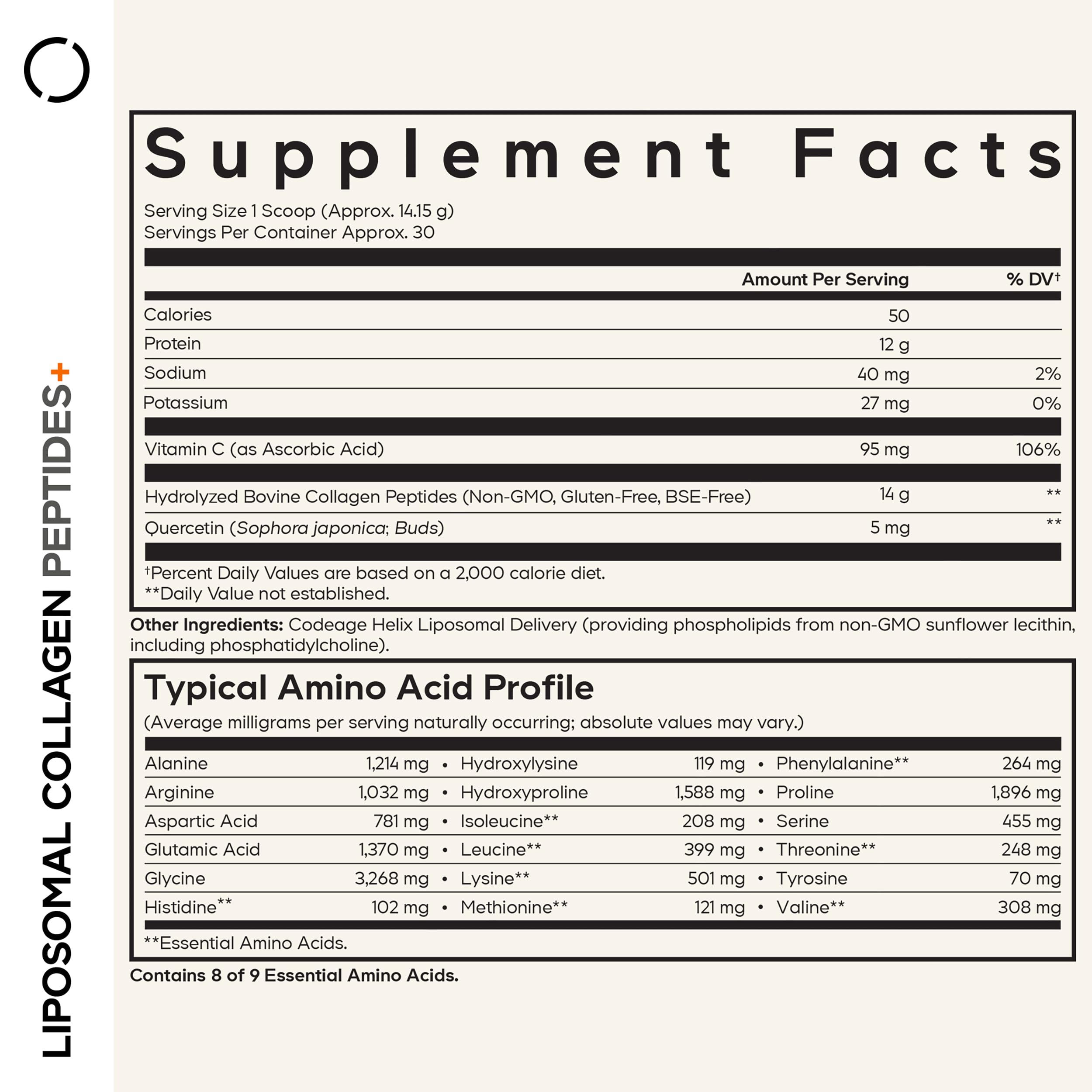 Codeage Liposomal Collagen Peptides scoop beside powder for easy daily serving