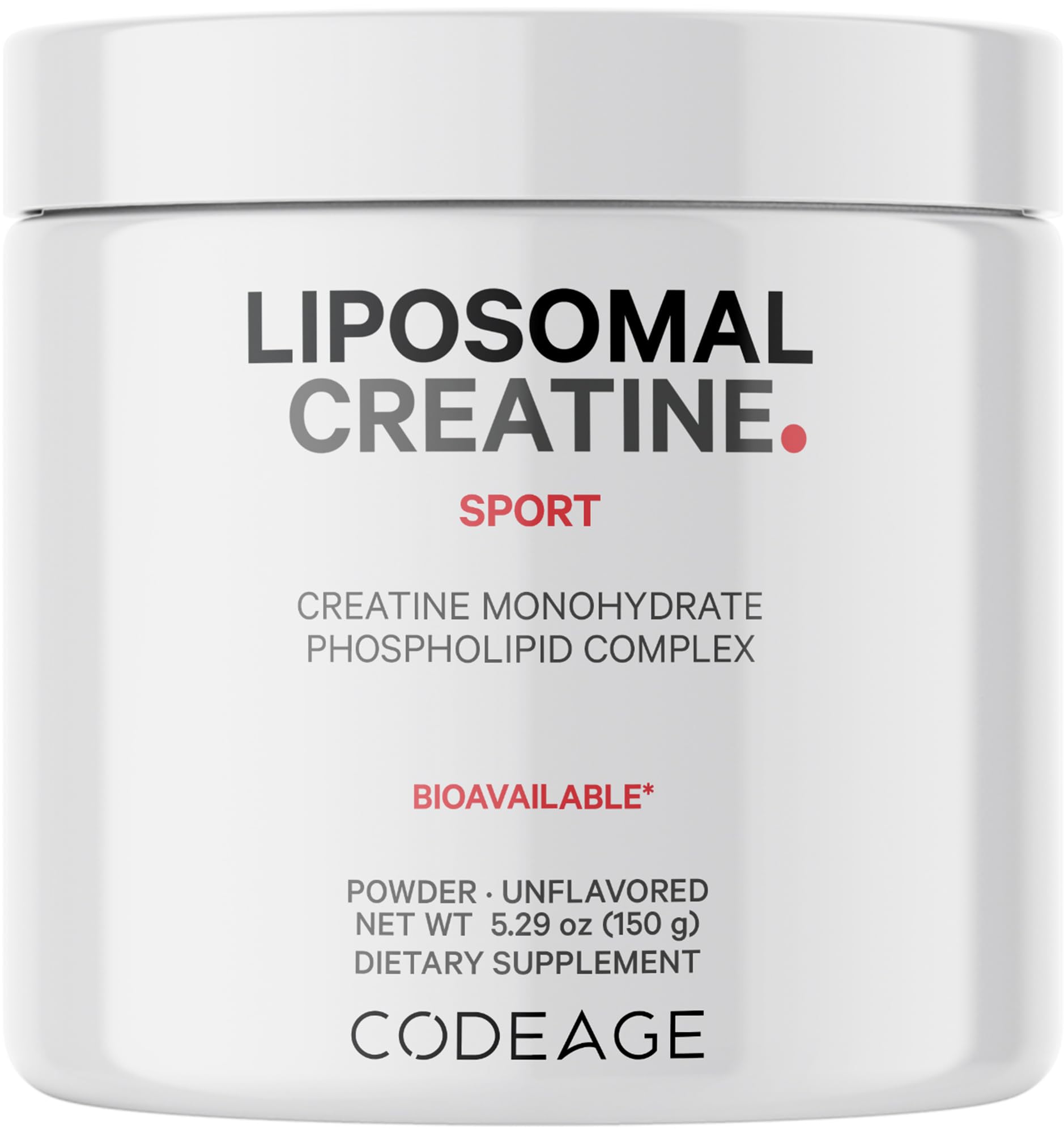 Codeage liposomal creatine powder bottle showing 5,000 mg per serving for your workout routine
