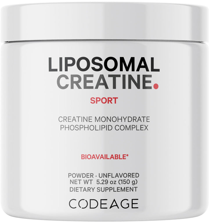 Codeage liposomal creatine powder bottle showing 5,000 mg per serving for your workout routine