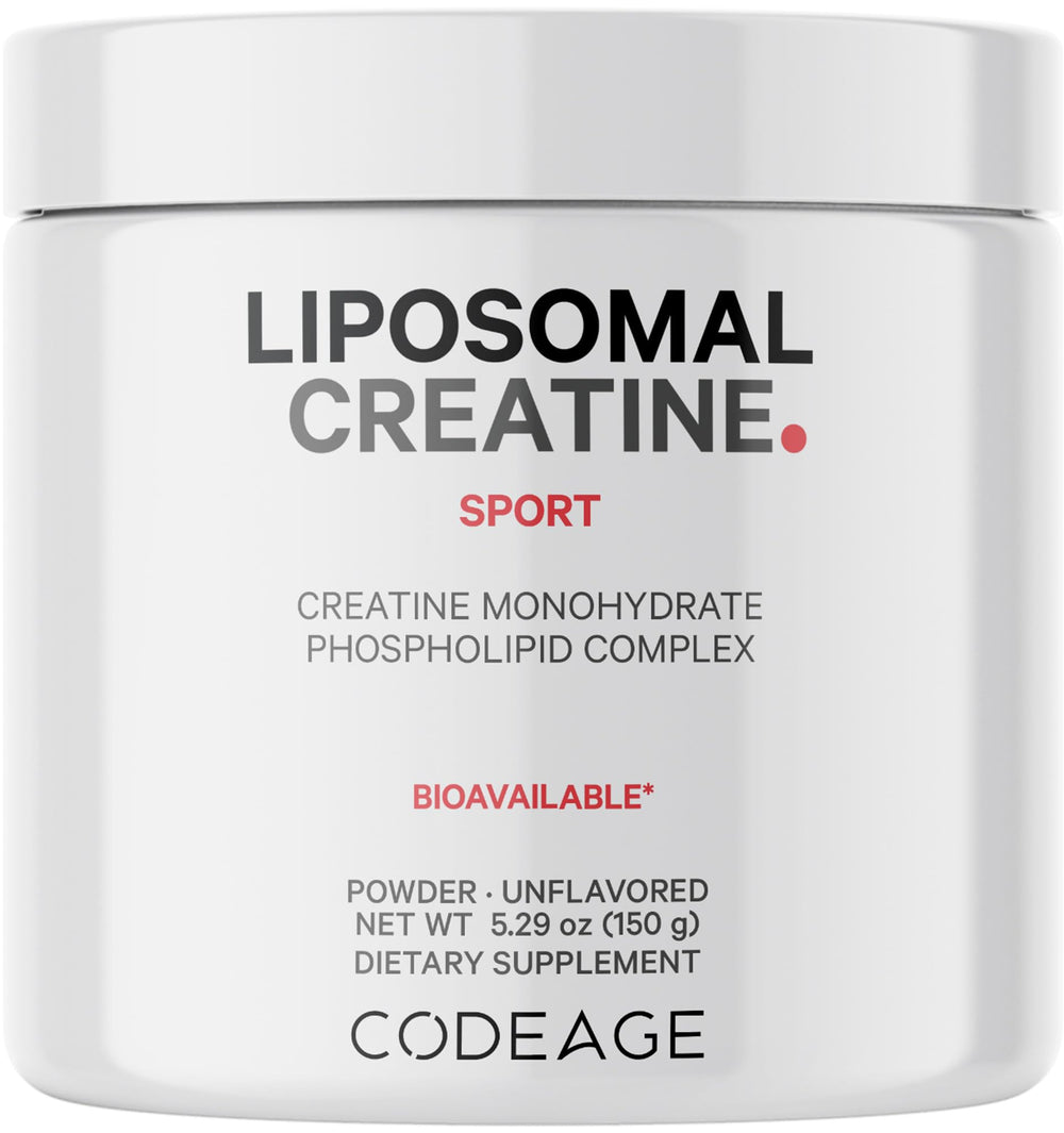 Codeage liposomal creatine powder bottle showing 5,000 mg per serving for your workout routine