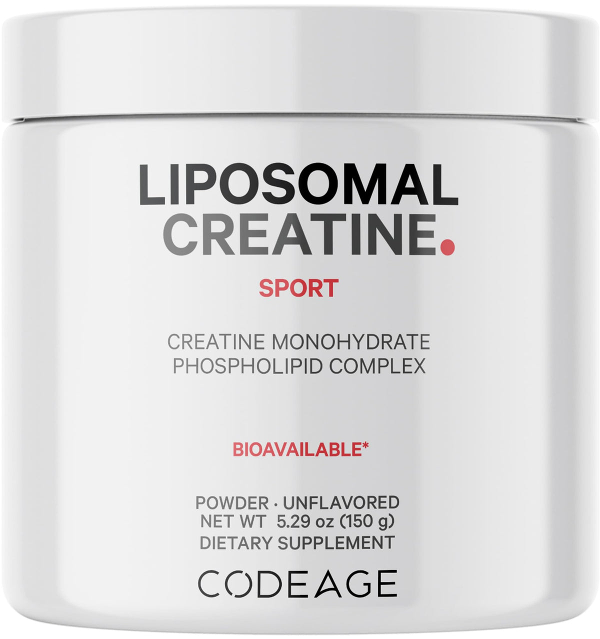 Codeage liposomal creatine powder bottle showing 5,000 mg per serving for your workout routine