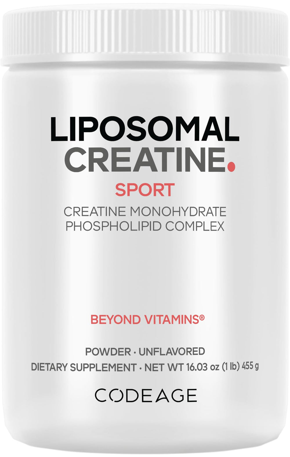 Codeage liposomal creatine powder bottle for convenient daily use during workouts.