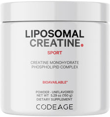 Codeage liposomal creatine powder bottle showing 5,000 mg per serving for your workout routine
