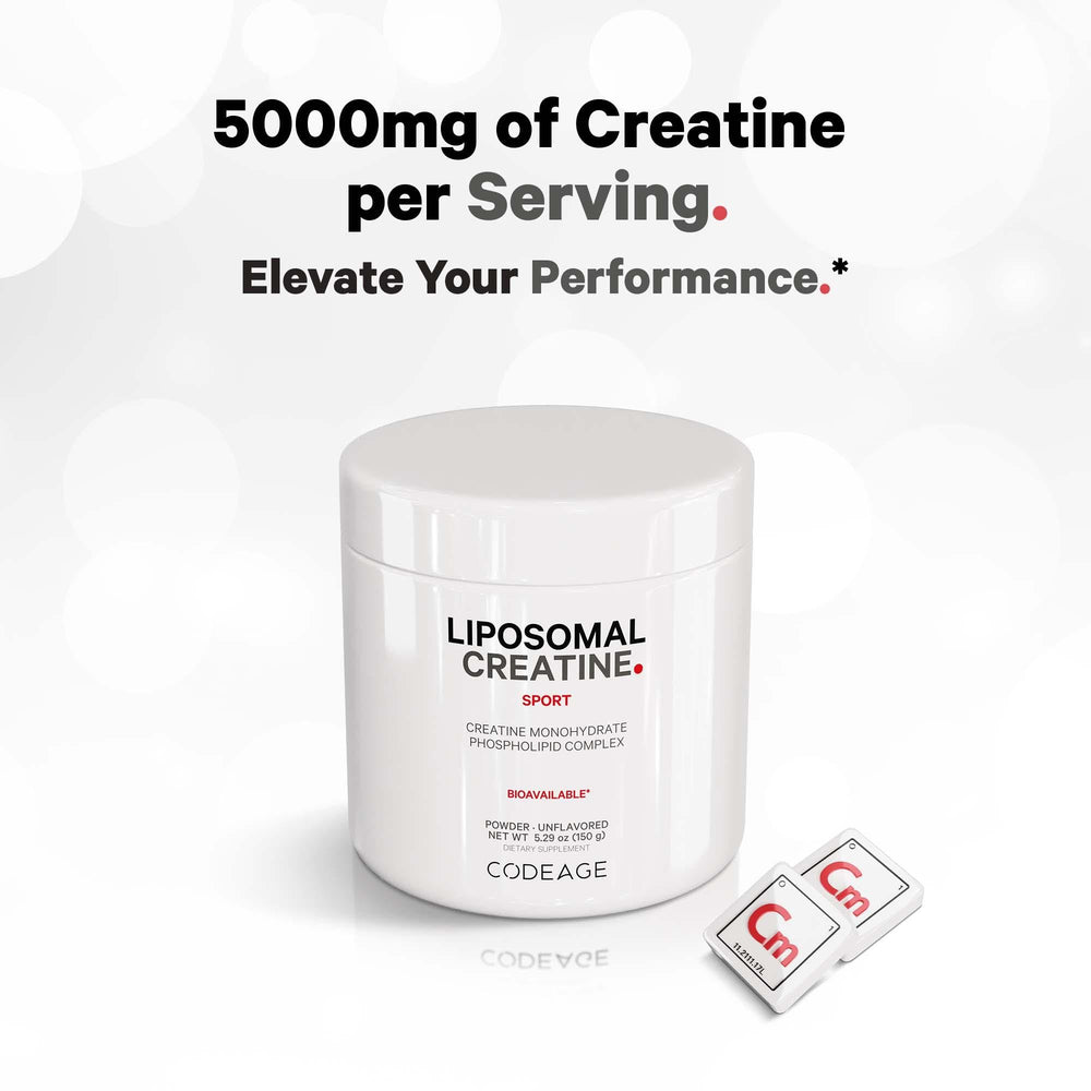 Codeage liposomal creatine powder being poured into a shake for easy mixing