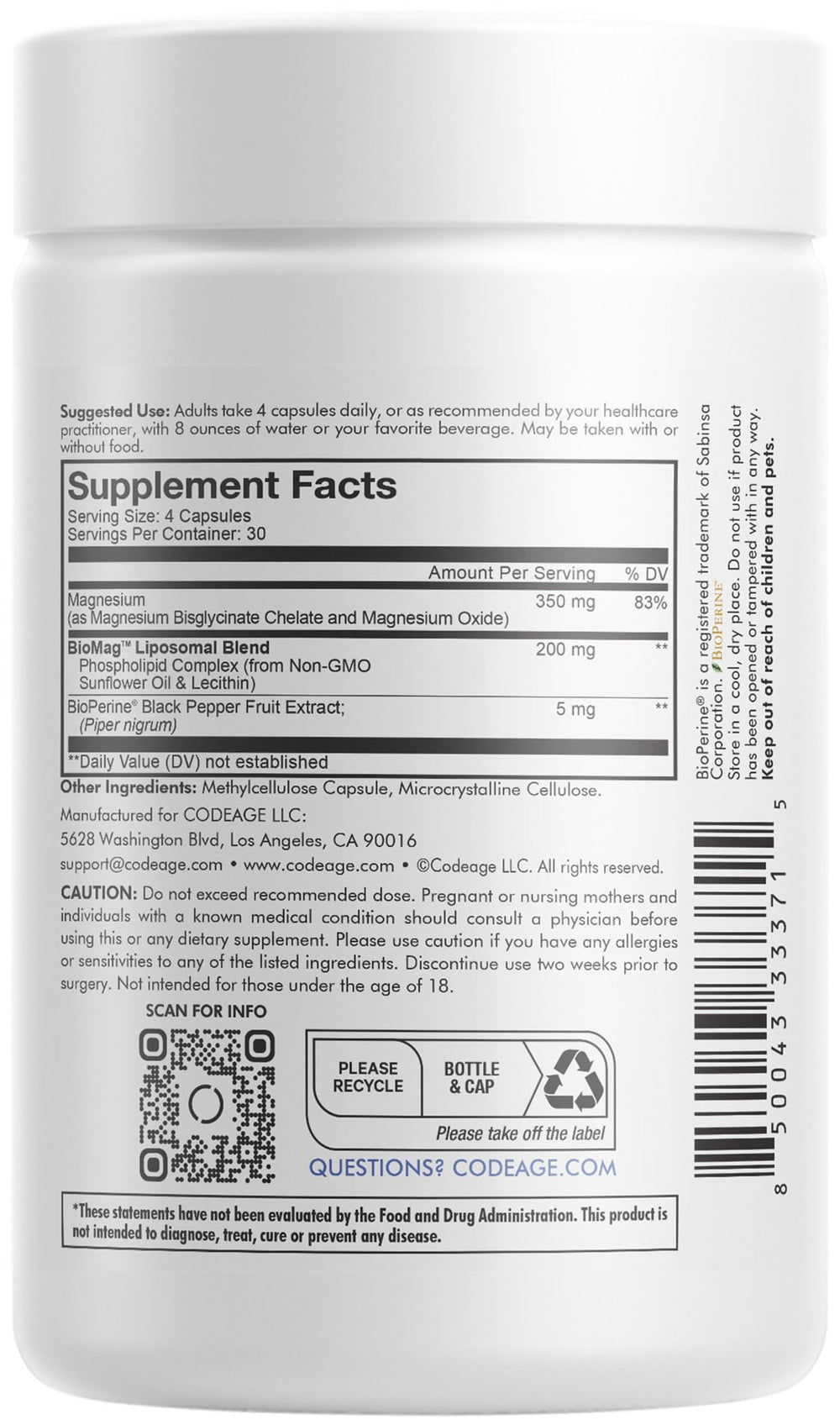 Codeage liposomal delivery bottle label highlighting advanced absorption system.
