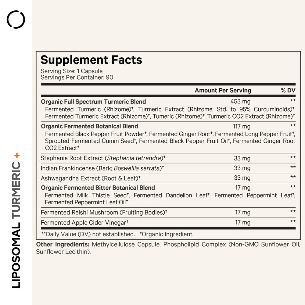 Codeage liposomal fermented turmeric capsules for improved nutrient absorption.