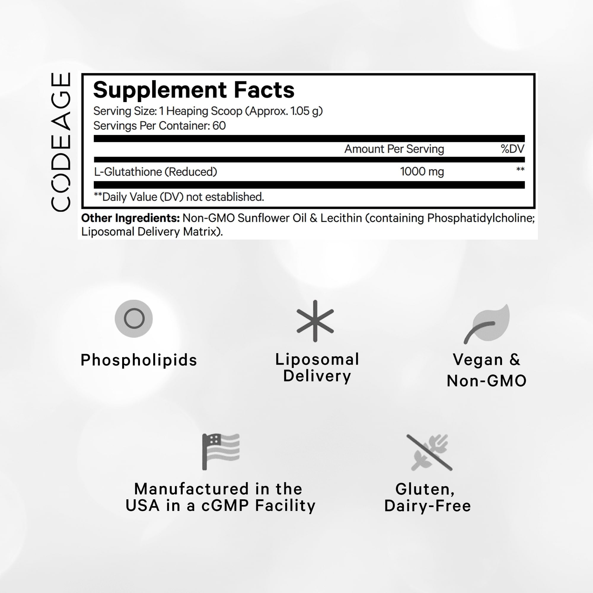 Codeage Liposomal Glutathione Powder scoop-dispense for easy 1,000 mg daily serving.