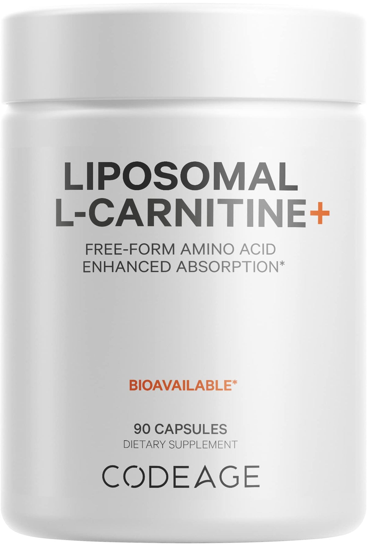 Codeage Liposomal L-Carnitine+ bottle front view, vegan capsules for daily support.