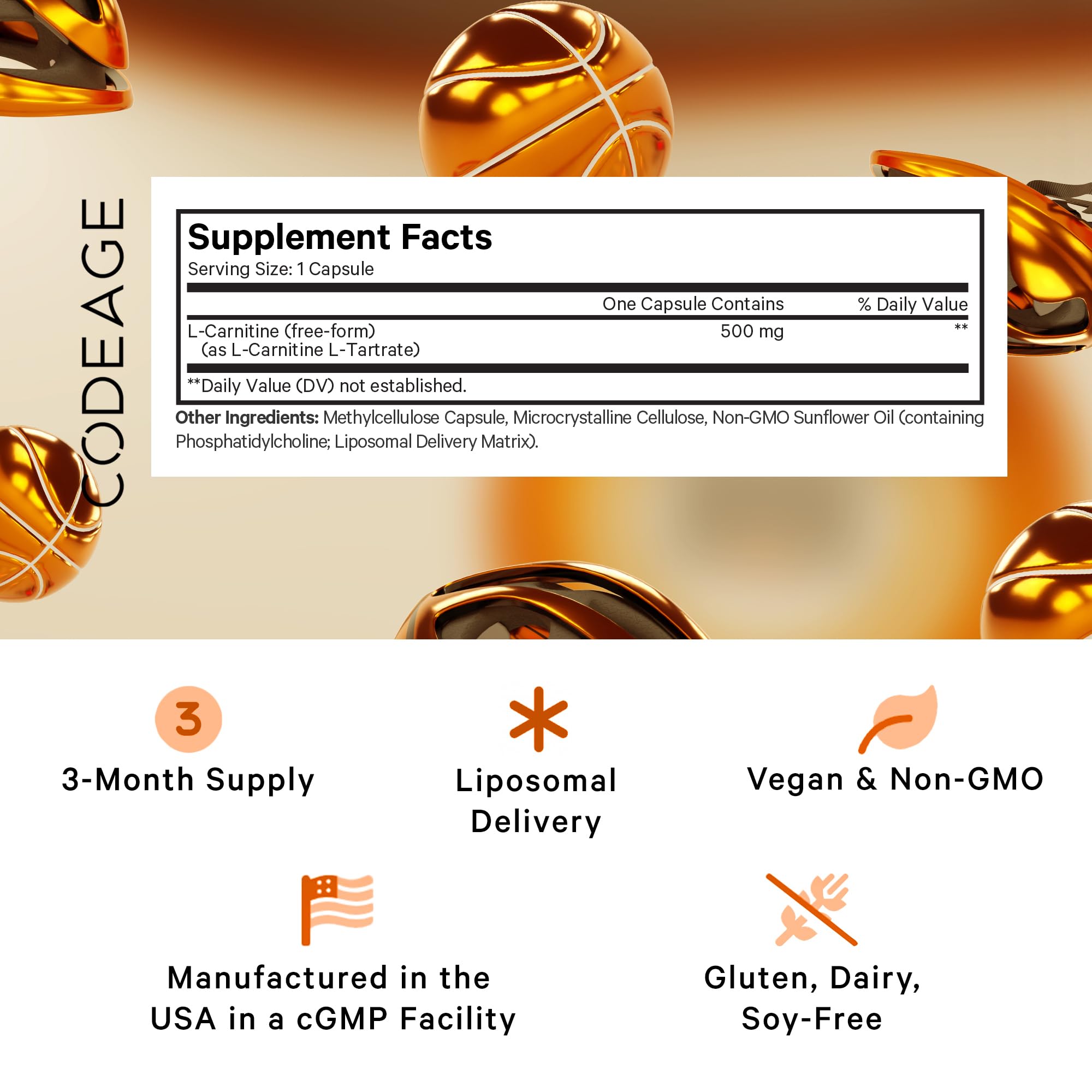 Codeage Liposomal L-Carnitine+ capsule close-up, 500 mg per serving.