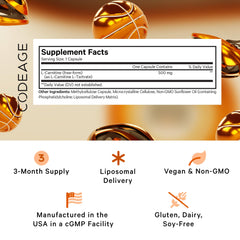 Codeage Liposomal L-Carnitine+ capsule close-up, 500 mg per serving.