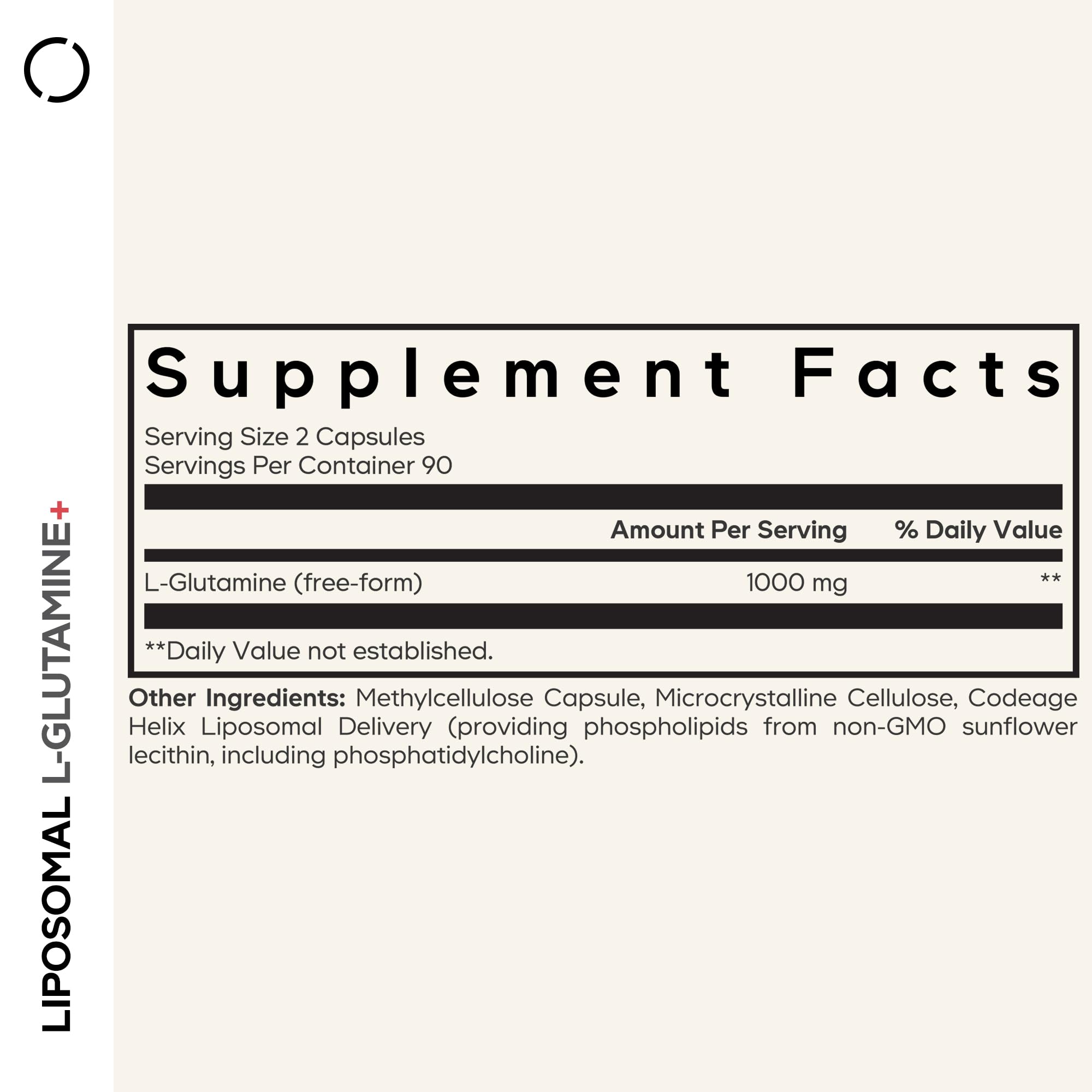 Close-up of Codeage L-Glutamine capsules highlighting vegan, non-GMO formula