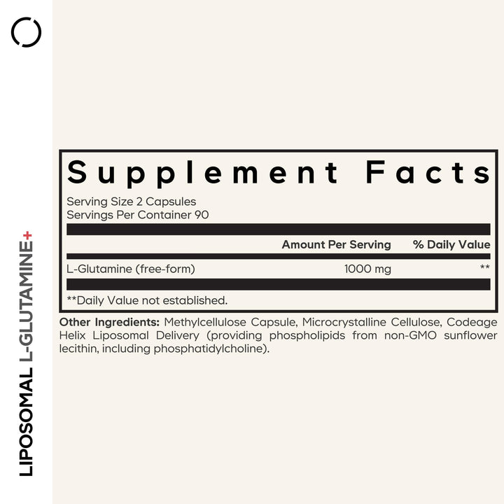 Close-up of Codeage L-Glutamine capsules highlighting vegan, non-GMO formula