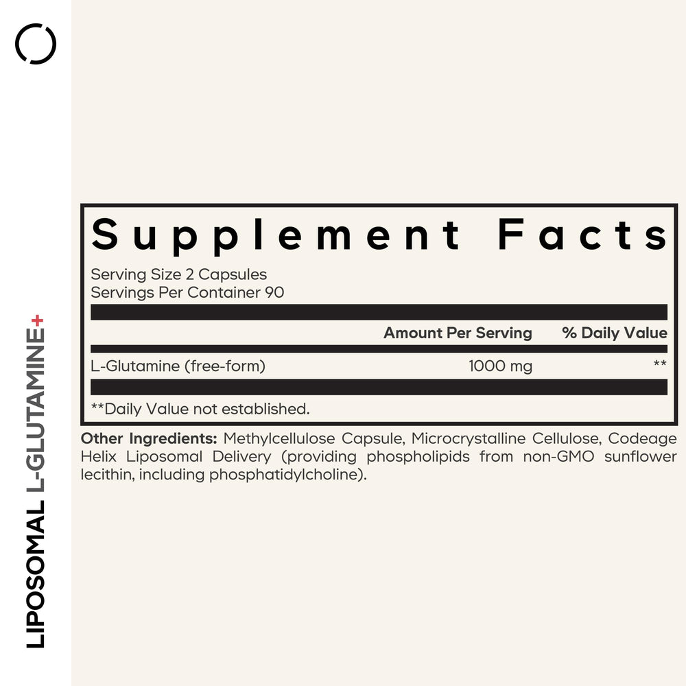 Close-up of Codeage L-Glutamine capsules highlighting vegan, non-GMO formula