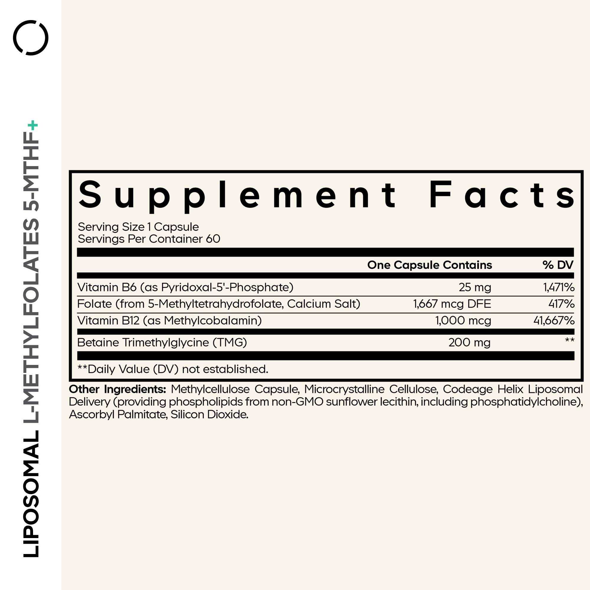 Codeage Liposomal L-Methylfolate 5-MTHF+ bottle back with ingredient highlights