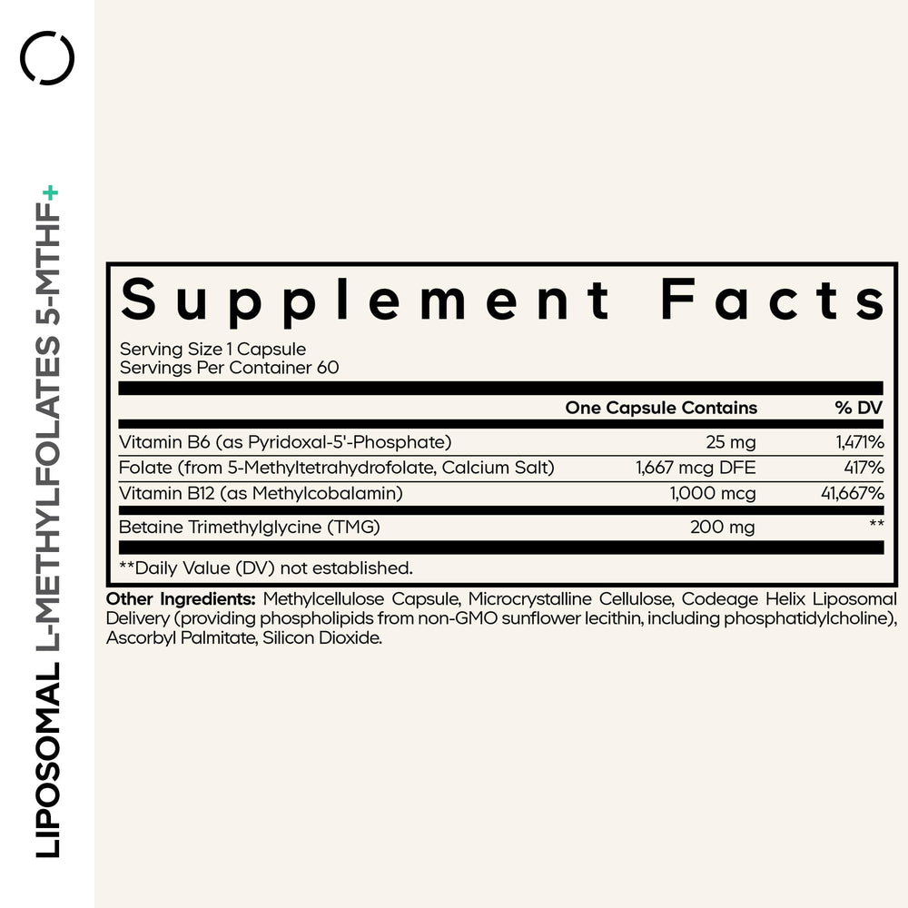 Codeage Liposomal L-Methylfolate 5-MTHF+ bottle back with ingredient highlights
