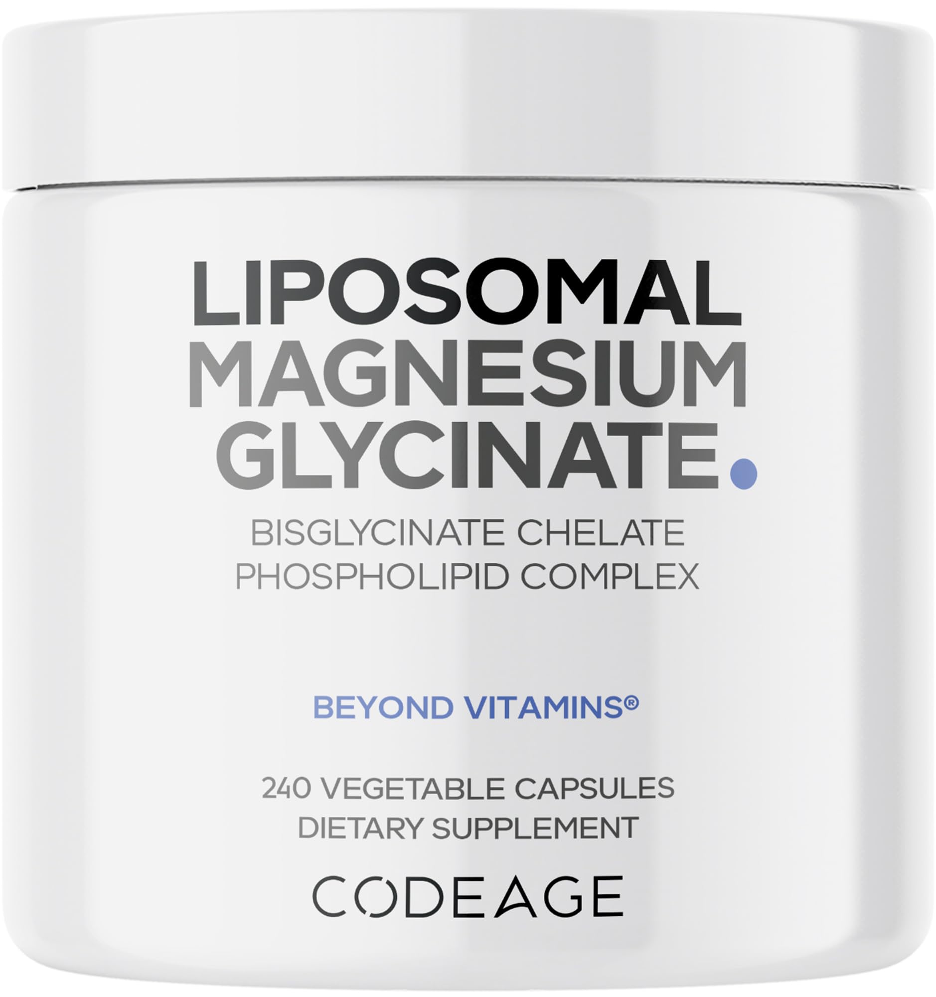 Codeage Liposomal Magnesium Glycinate bottle shows premium liposomal delivery for daily use.