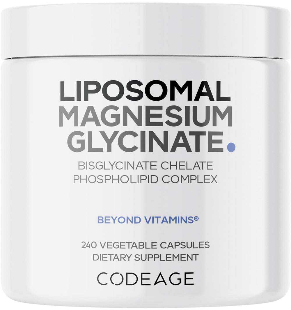 Codeage Liposomal Magnesium Glycinate bottle shows premium liposomal delivery for daily use.
