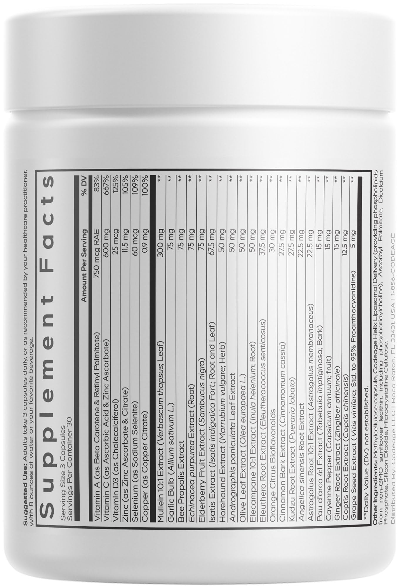 Codeage Liposomal Mullein Ultra capsules close-up highlighting vitamins and botanicals for everyday health.