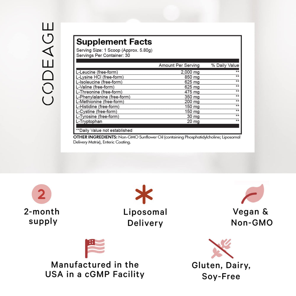 Codeage Liposomal Multi Amino Powder Dispense ready to mix in a pre- or post-workout beverage.